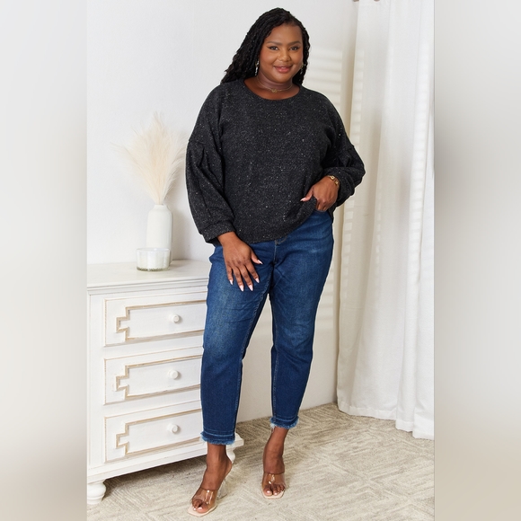 Jade By Jane Designer Black Full Size Boat Neck Glitter Long Sleeve Top - Picture 6 of 9